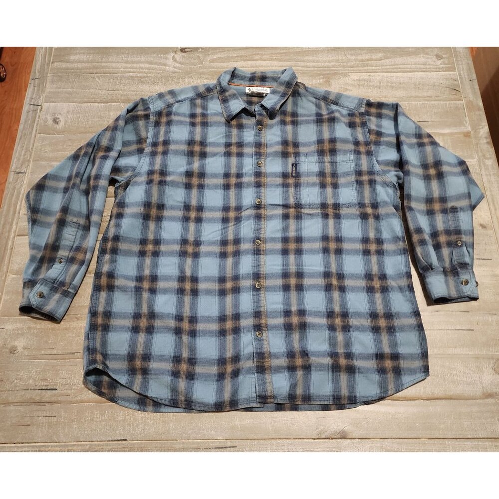 Columbia Mens XXL Long Sleeve Plaid Button-Up Shirt Blue/Brown Casual Classic